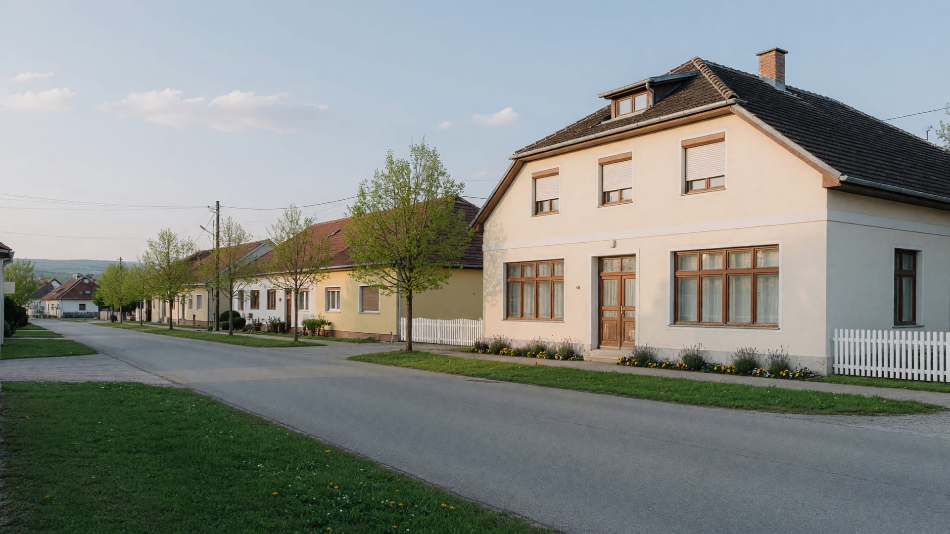 Symbolbild: cremefarbenes Haus mit braunen Fensterrahmen an einer ruhigen Dorfstraße im Morgenlicht