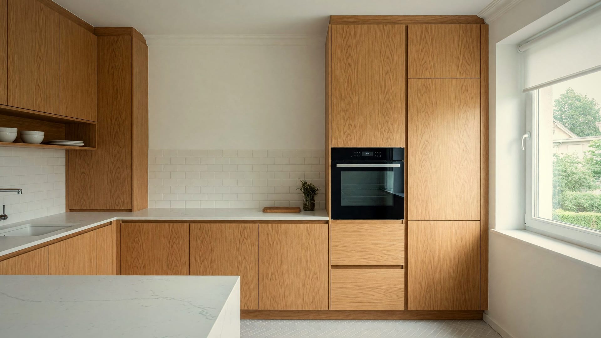Küche mit Fronten aus Eiche und Hochschrank mit Backofen
