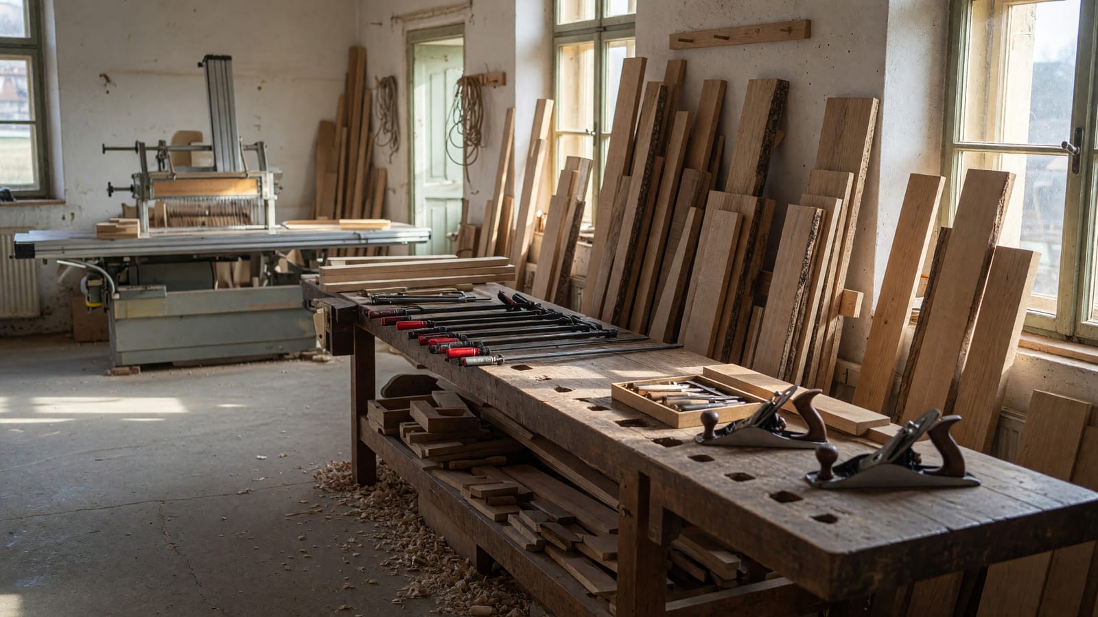 Die Werkstatt in Hornstein: Formatkreissäge, Hobelbank und Bretter vor den Fenstern